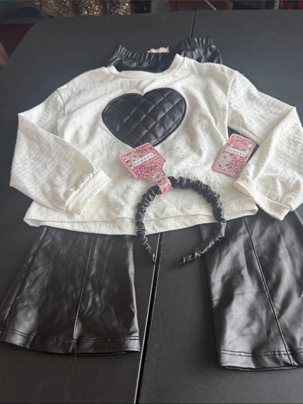 btween White Knit Top with Black Quilted Heart and Black Faux Leather Pants Set